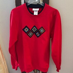 Vintage Red Sweatshirt with Colorful Embroidery with Granny Squares